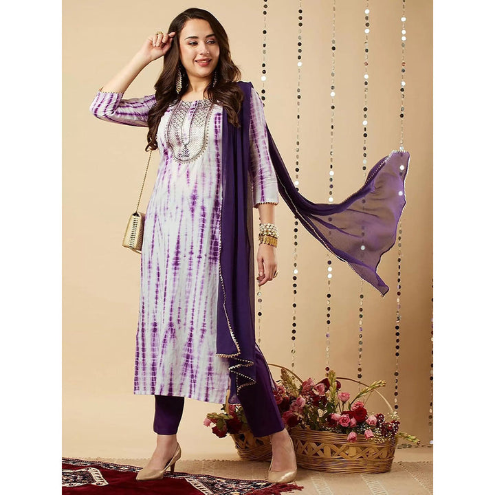 Odette Purple Printed Viscose Kurta with Pant and Dupatta (Set of 3)