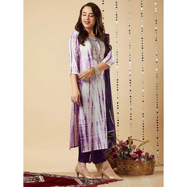 Odette Purple Printed Viscose Kurta with Pant and Dupatta (Set of 3)