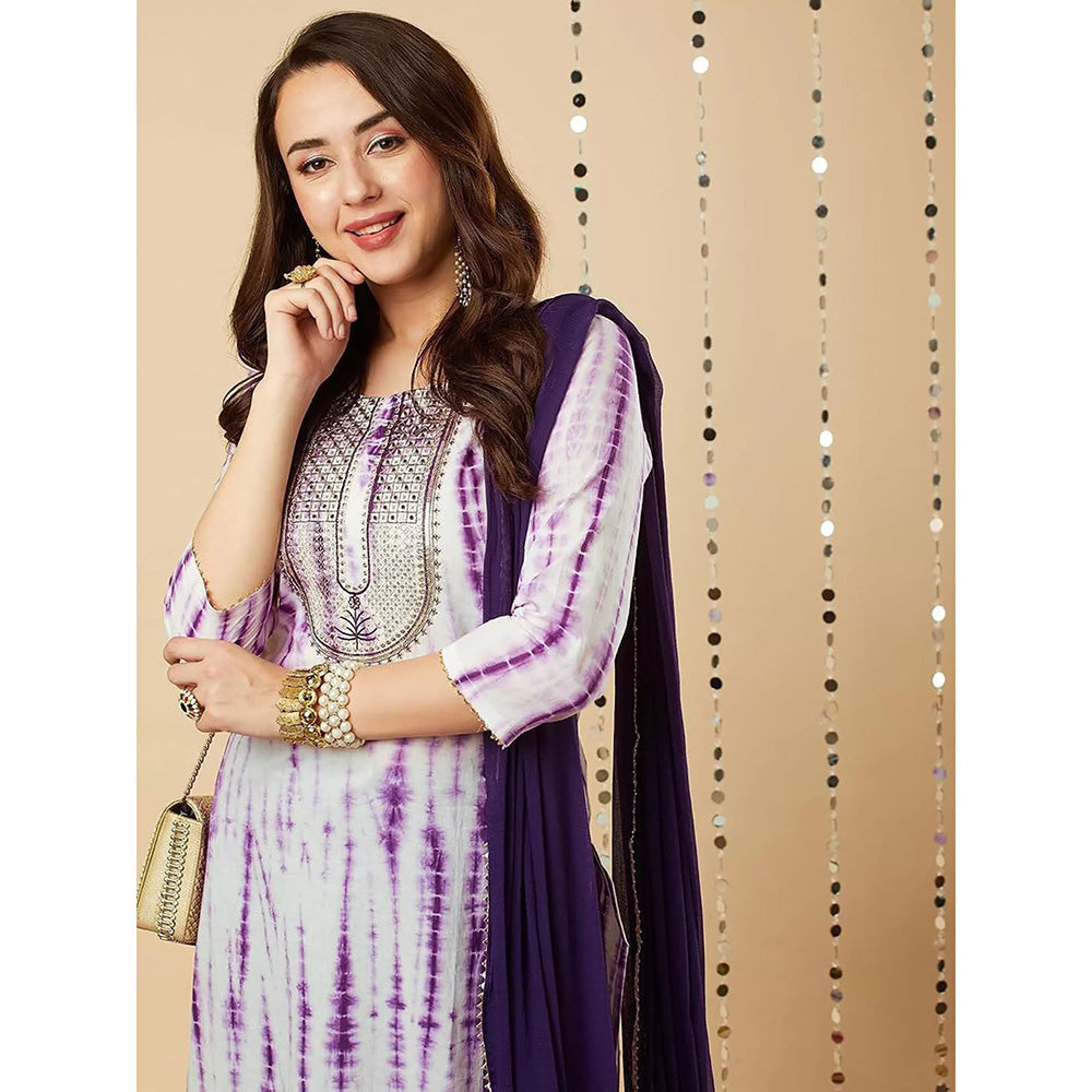 Odette Purple Printed Viscose Kurta with Pant and Dupatta (Set of 3)