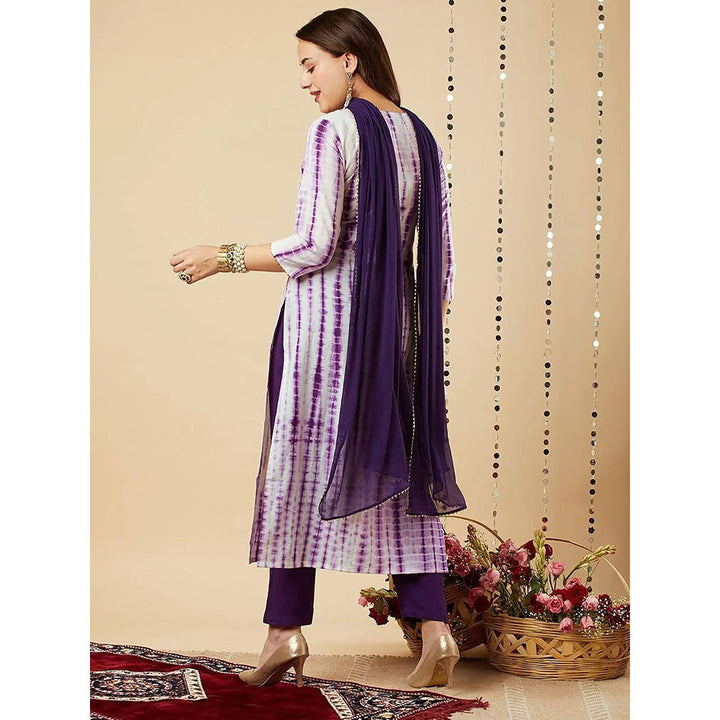 Odette Purple Printed Viscose Kurta with Pant and Dupatta (Set of 3)