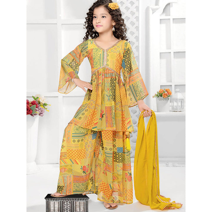 Odette Yellow Georgette Printed Kurta with Sharara and Dupatta (Set of 3)