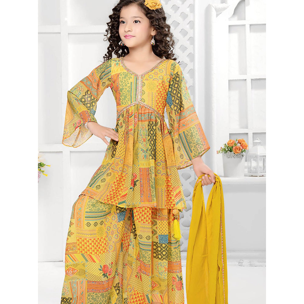 Odette Yellow Georgette Printed Kurta with Sharara and Dupatta (Set of 3)