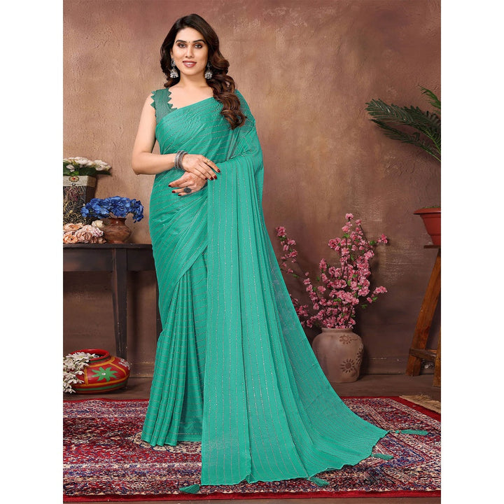 Odette Women Teal Silk Blend Embellished Saree with Unstitched Blouse