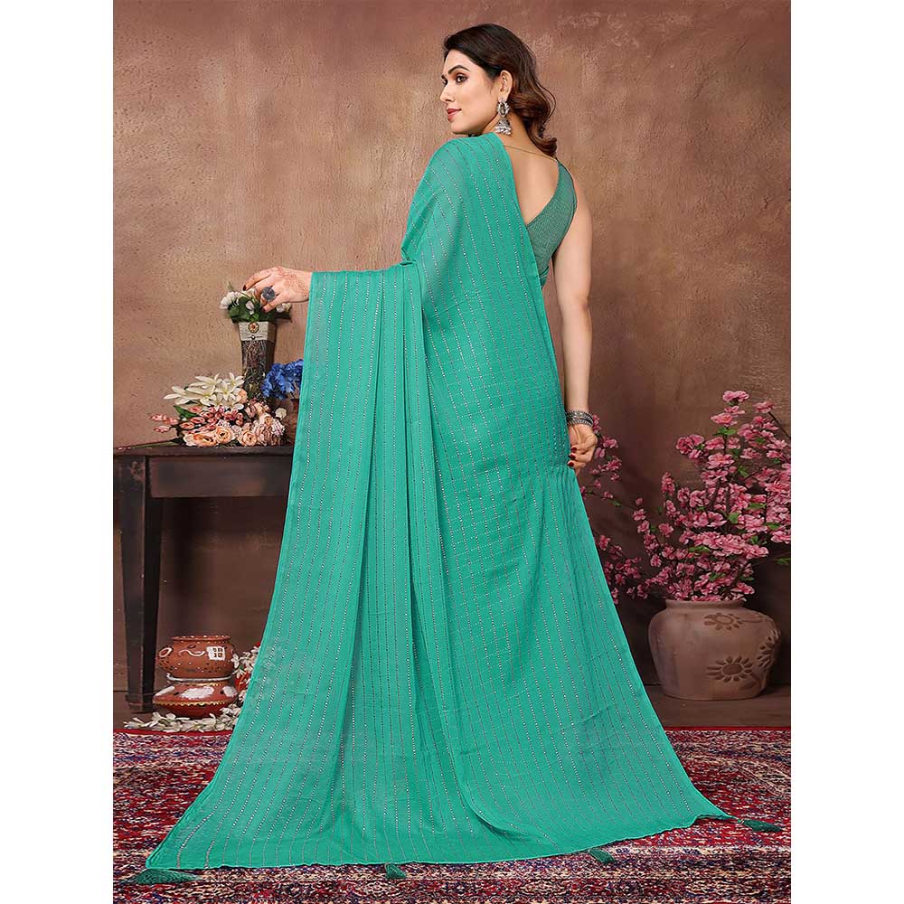 Odette Women Teal Silk Blend Embellished Saree with Unstitched Blouse