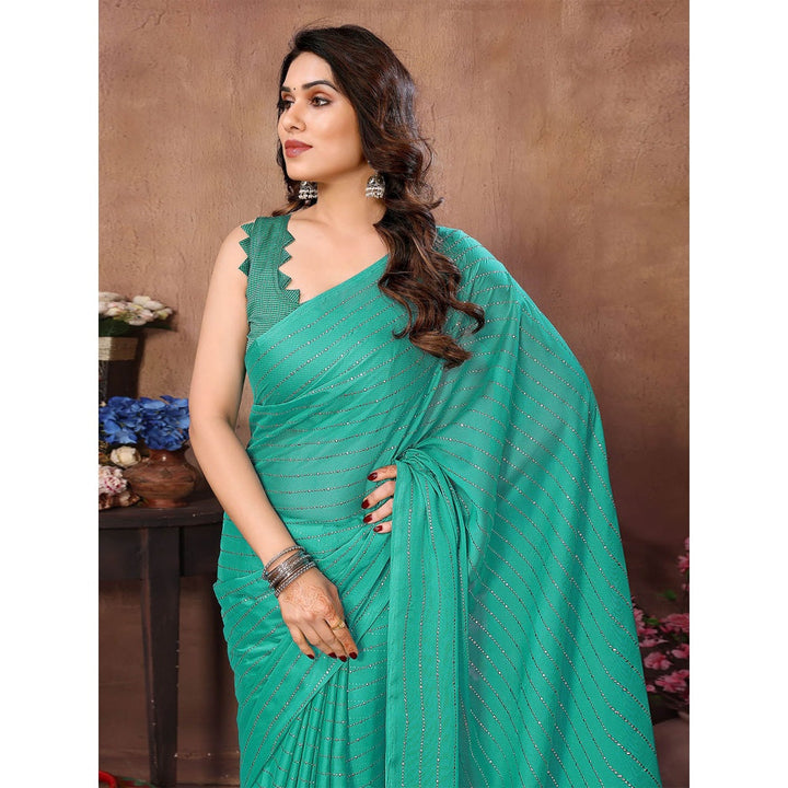 Odette Women Teal Silk Blend Embellished Saree with Unstitched Blouse