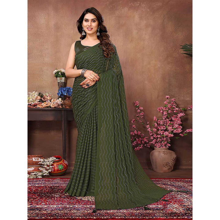 Odette Women Olive Silk Blend Embellished Saree with Unstitched Blouse