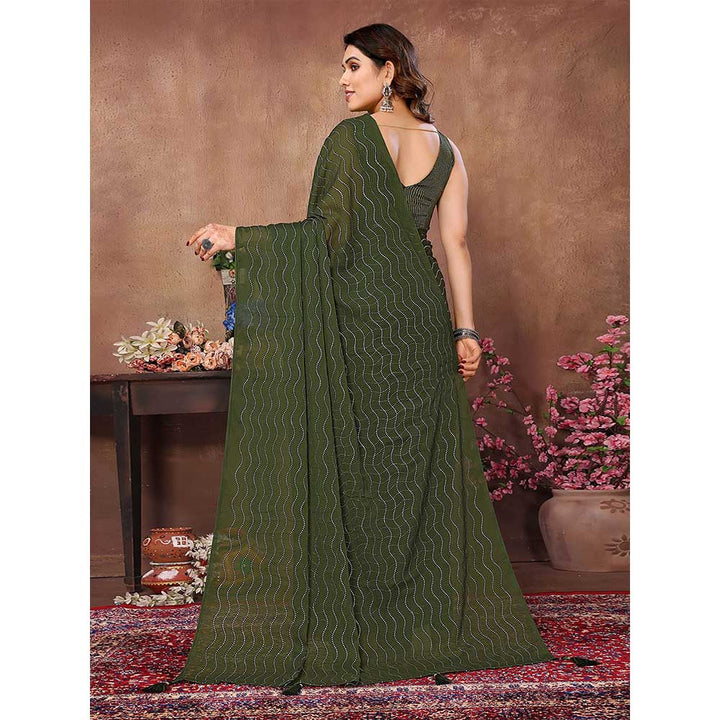 Odette Women Olive Silk Blend Embellished Saree with Unstitched Blouse