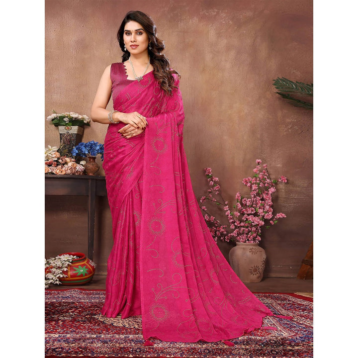 Odette Women Pink Silk Blend Embellished Saree with Unstitched Blouse