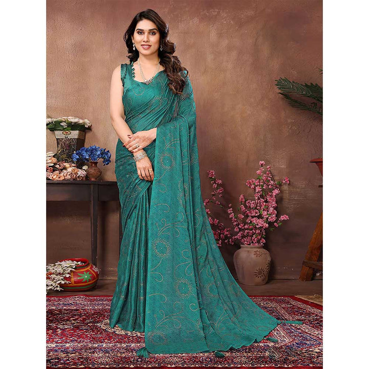 Odette Women Teal Silk Blend Embellished Saree with Unstitched Blouse