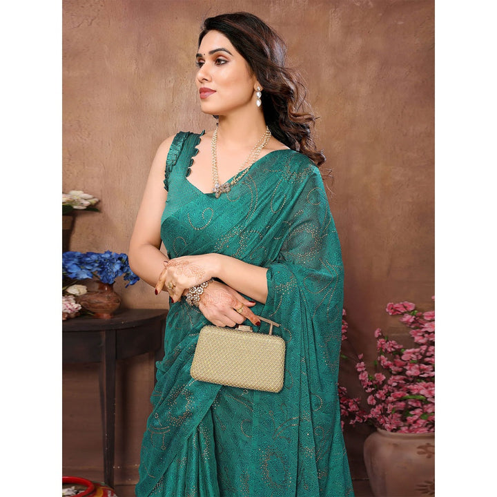 Odette Women Teal Silk Blend Embellished Saree with Unstitched Blouse