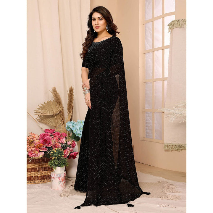 Odette Women Black Satin Chiffon Embellished Saree with Unstitched Blouse