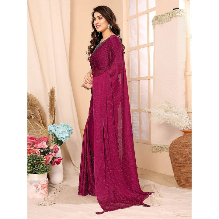 Odette Women Pink Satin Chiffon Embellished Saree with Unstitched Blouse