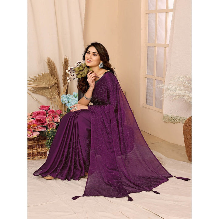 Odette Women Purple Satin Chiffon Embellished Saree with Unstitched Blouse