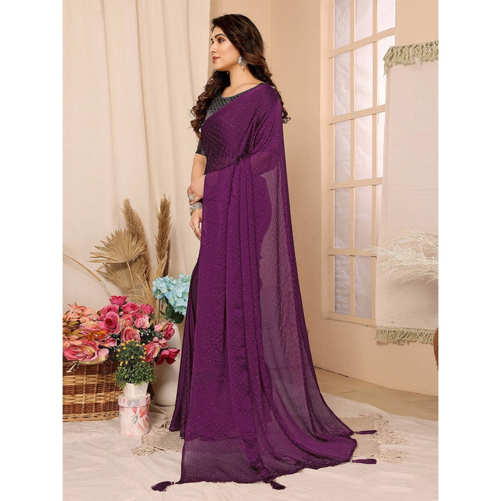 Odette Women Purple Satin Chiffon Embellished Saree with Unstitched Blouse