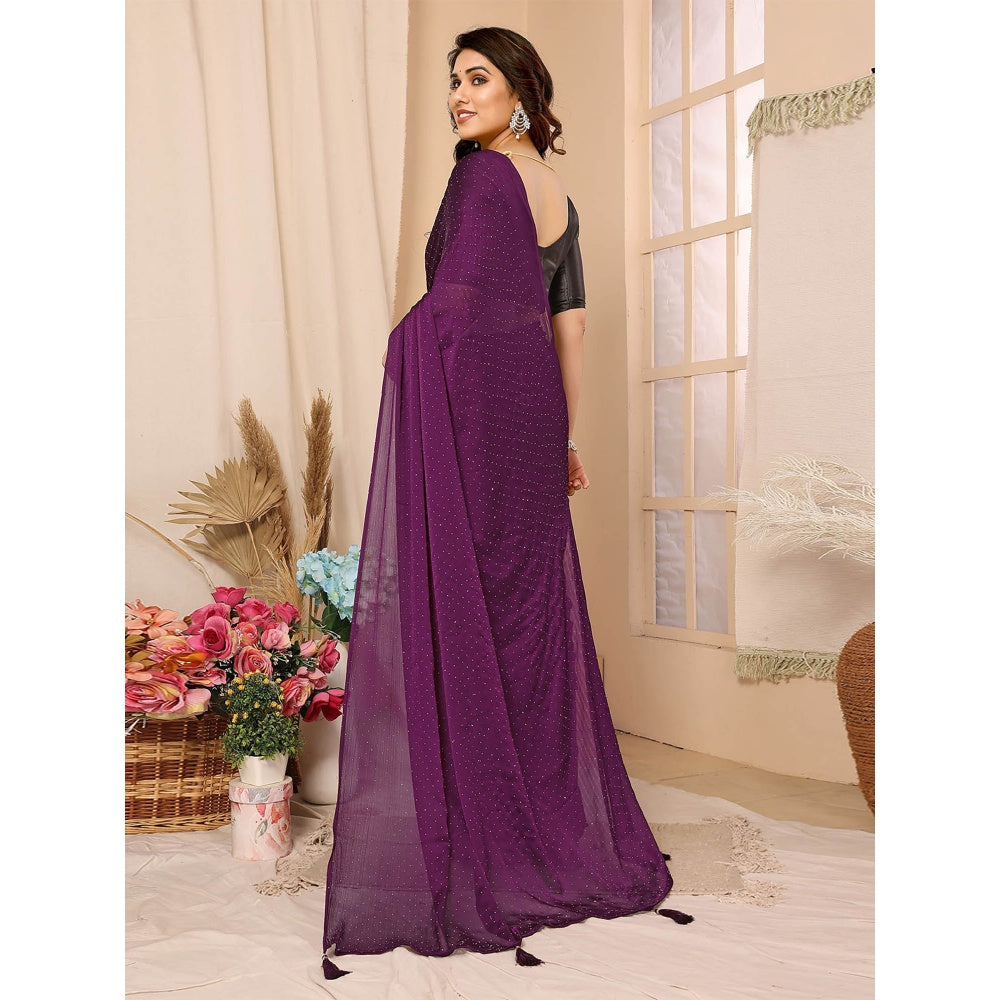 Odette Women Purple Satin Chiffon Embellished Saree with Unstitched Blouse