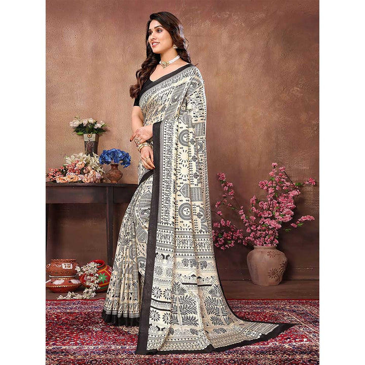 Odette Women Cream & Black Cotton Printed Saree with Unstitched Blouse