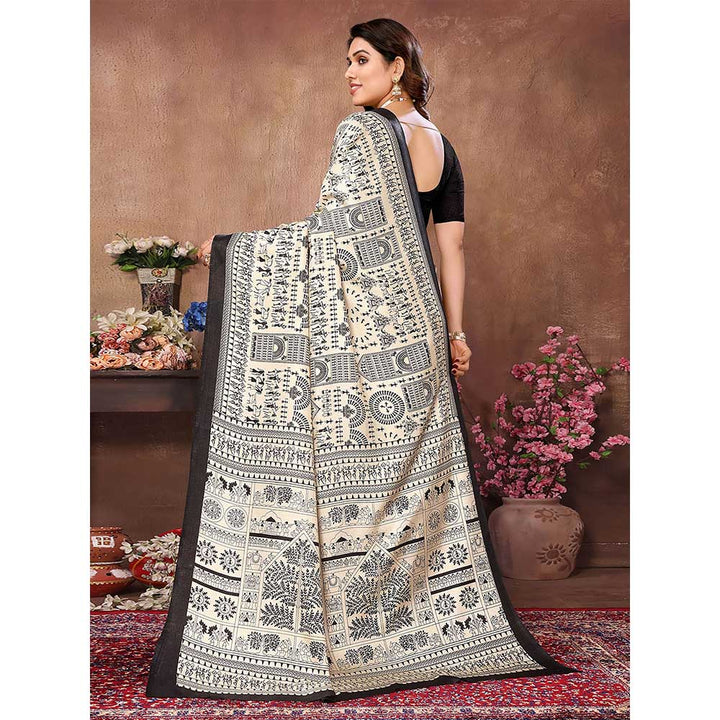 Odette Women Cream & Black Cotton Printed Saree with Unstitched Blouse