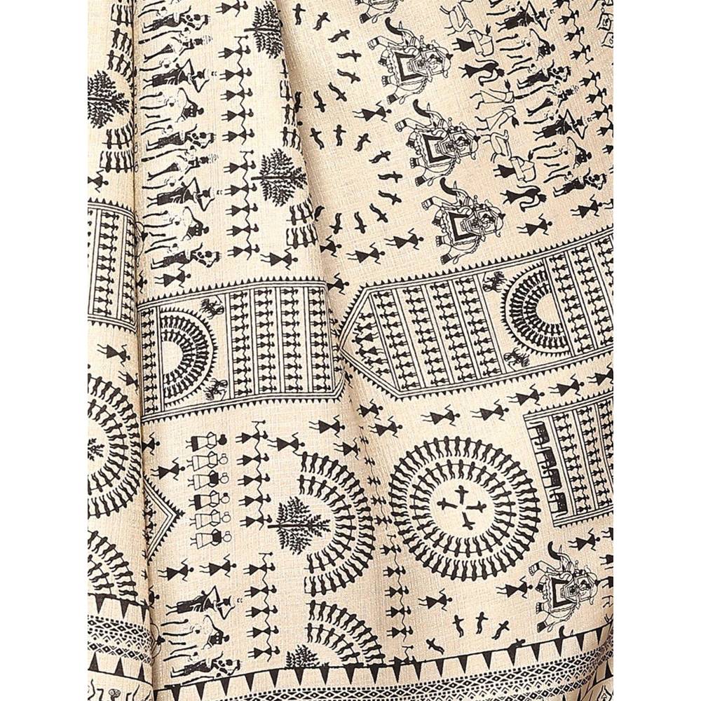 Odette Women Cream & Black Cotton Printed Saree with Unstitched Blouse