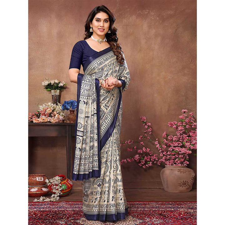 Odette Women Cream & Navy Blue Cotton Printed Saree with Unstitched Blouse