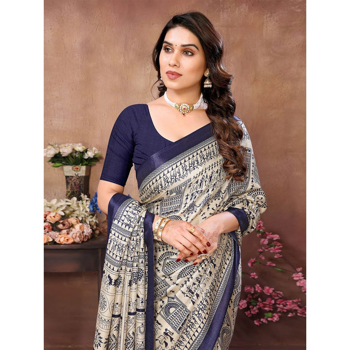 Odette Women Cream & Navy Blue Cotton Printed Saree with Unstitched Blouse