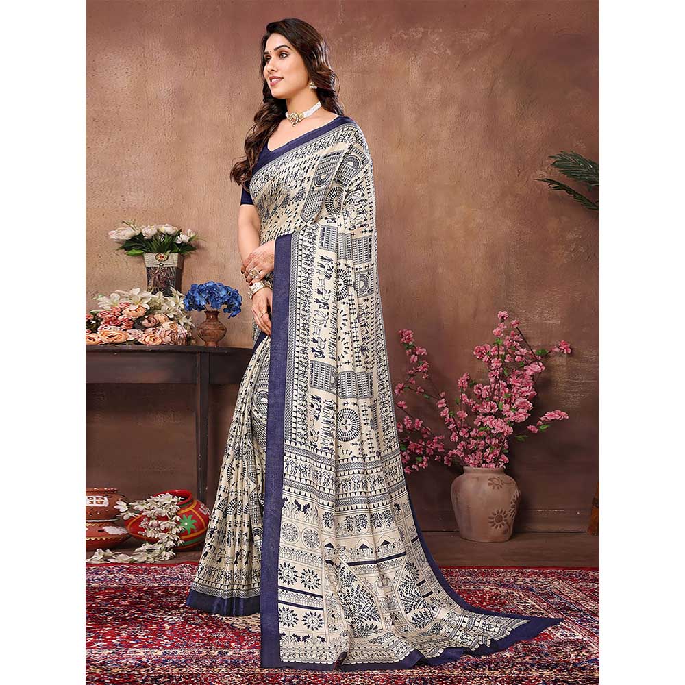 Odette Women Cream & Navy Blue Cotton Printed Saree with Unstitched Blouse