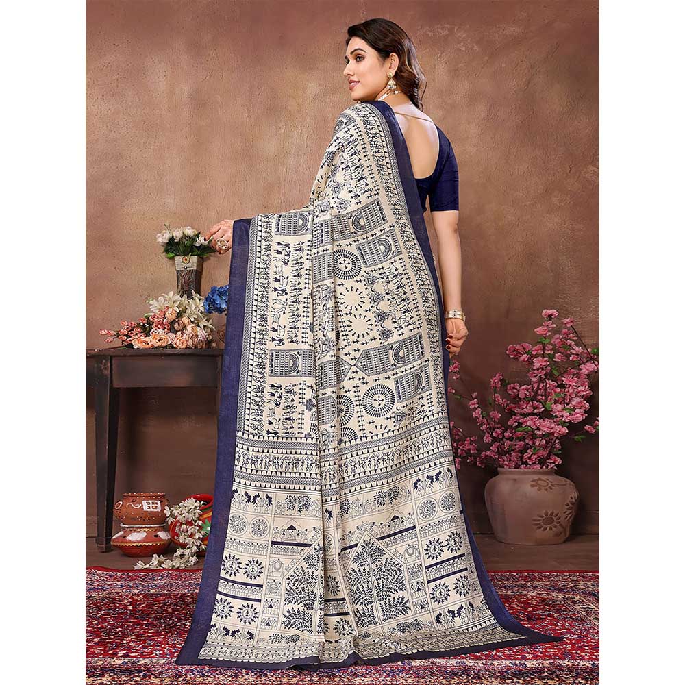 Odette Women Cream & Navy Blue Cotton Printed Saree with Unstitched Blouse