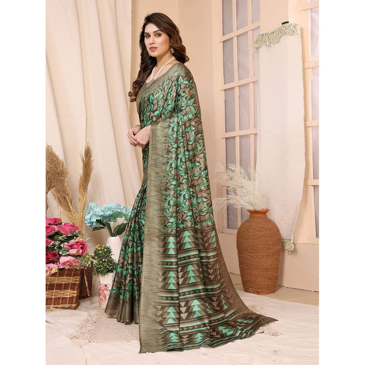 Odette Women Green Cotton Printed Saree with Unstitched Blouse