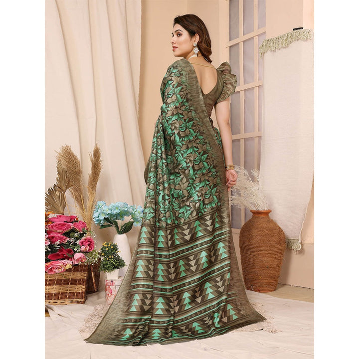 Odette Women Green Cotton Printed Saree with Unstitched Blouse