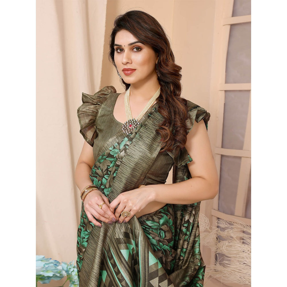 Odette Women Green Cotton Printed Saree with Unstitched Blouse