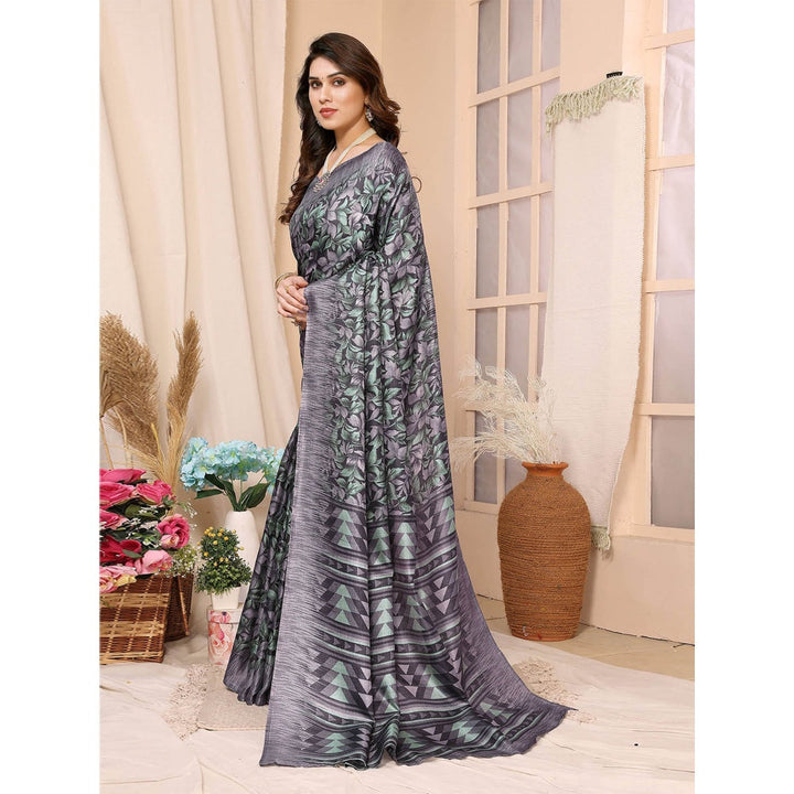 Odette Women Grey Cotton Printed Saree with Unstitched Blouse