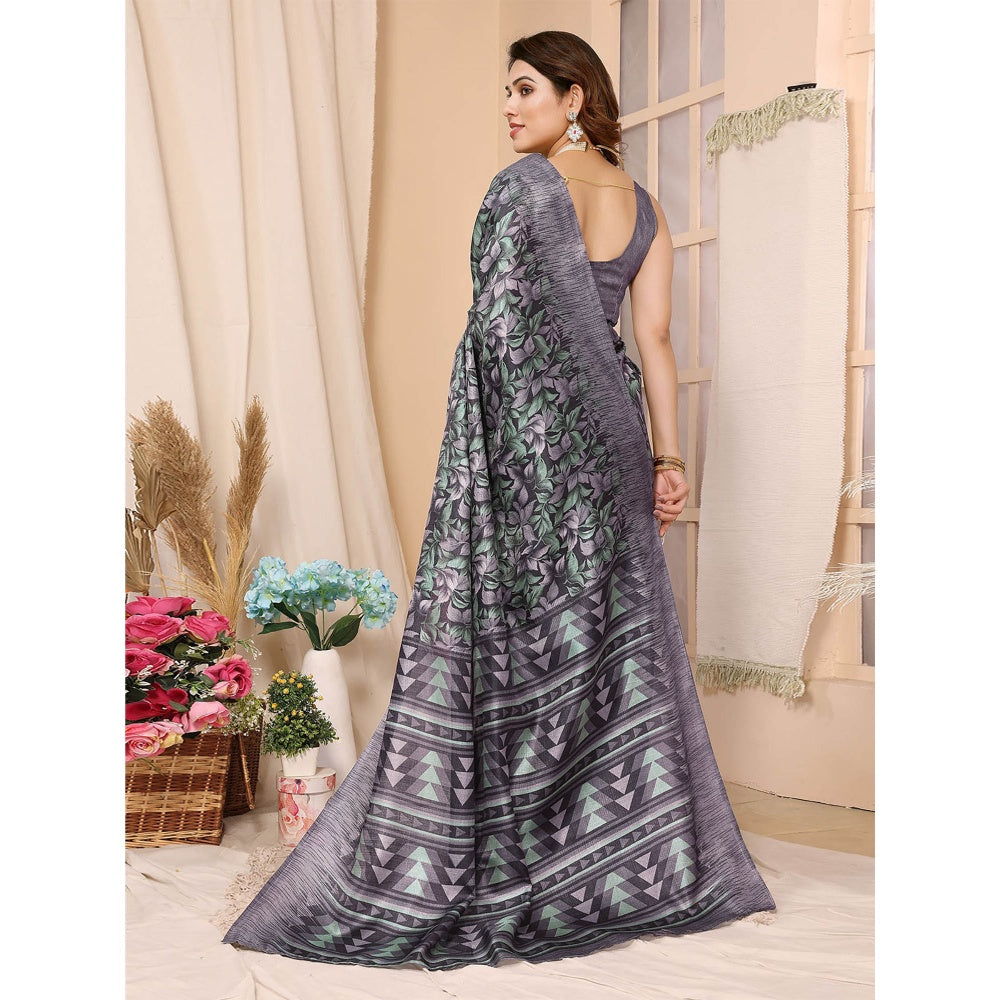 Odette Women Grey Cotton Printed Saree with Unstitched Blouse