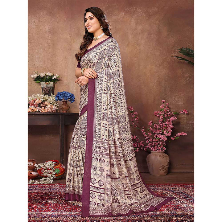 Odette Women Cream & Purple Cotton Printed Saree with Unstitched Blouse