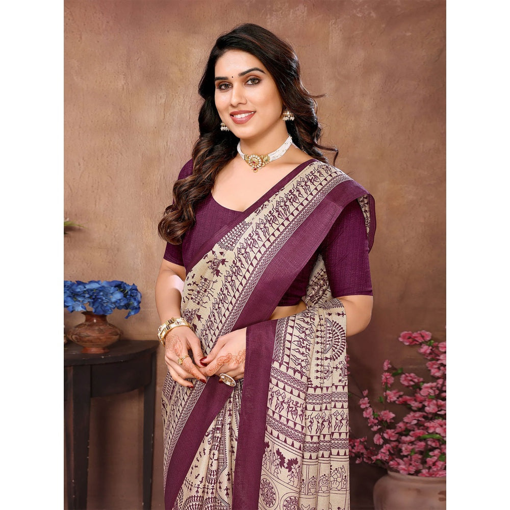 Odette Women Cream & Purple Cotton Printed Saree with Unstitched Blouse