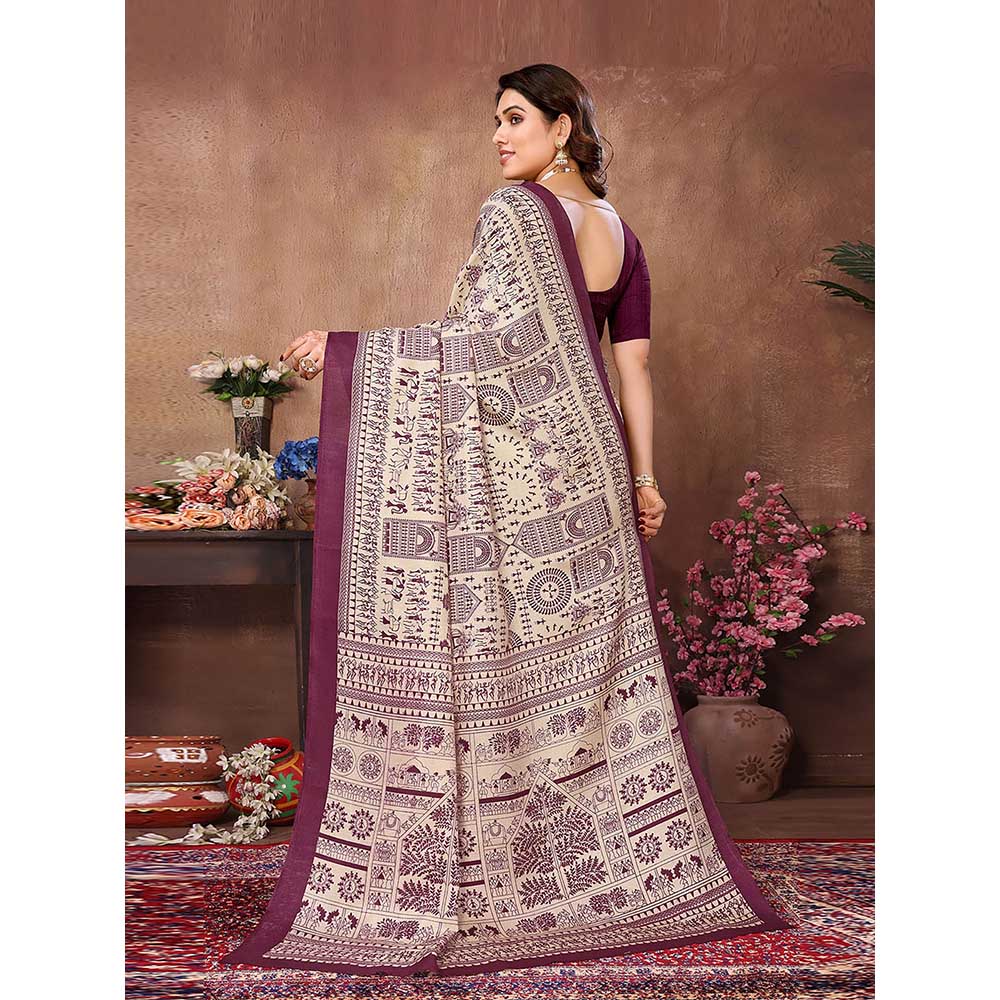 Odette Women Cream & Purple Cotton Printed Saree with Unstitched Blouse