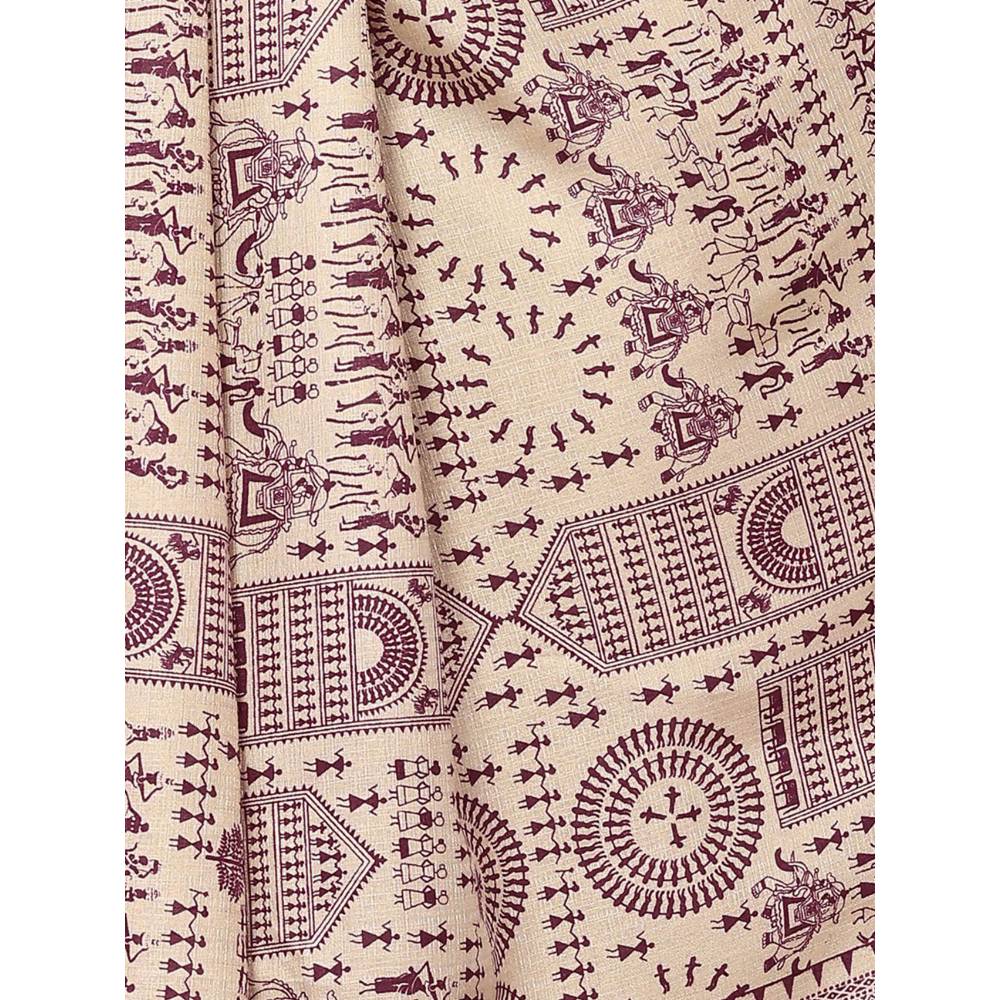 Odette Women Cream & Purple Cotton Printed Saree with Unstitched Blouse