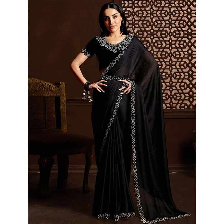 Odette Women Black Satin Chiffon Embellished Saree & Belt with Unstitched Blouse