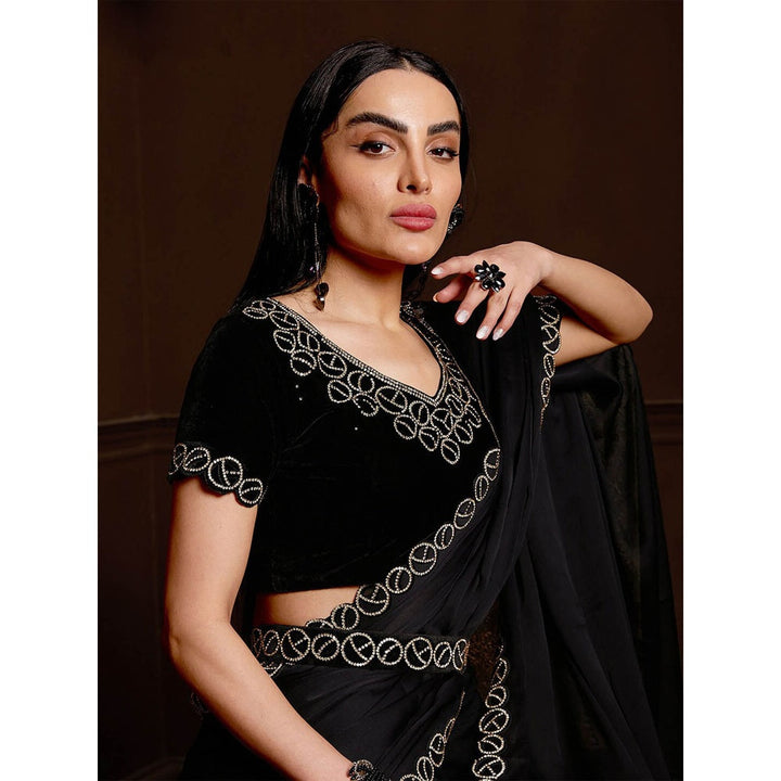 Odette Women Black Satin Chiffon Embellished Saree & Belt with Unstitched Blouse