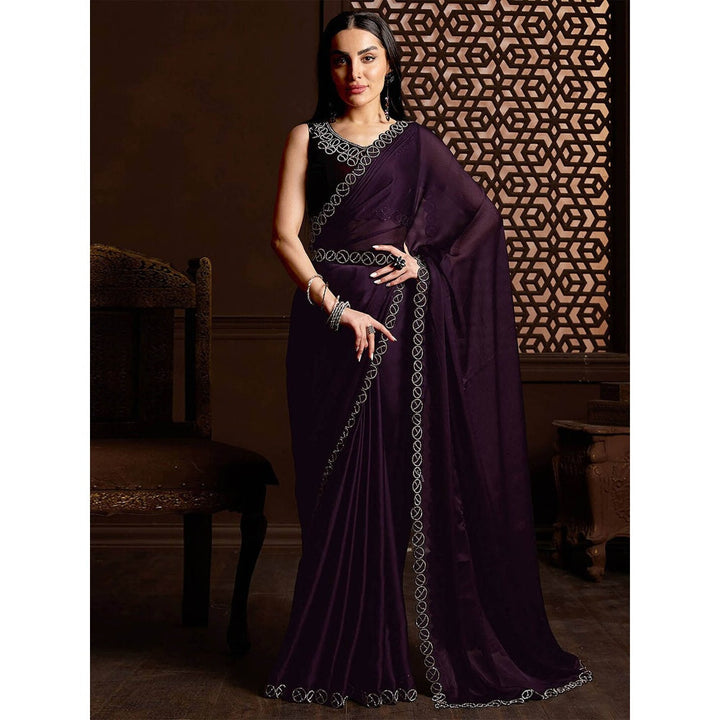 Odette Women Purple Satin Chiffon Embellished Saree & Belt with Unstitched Blouse