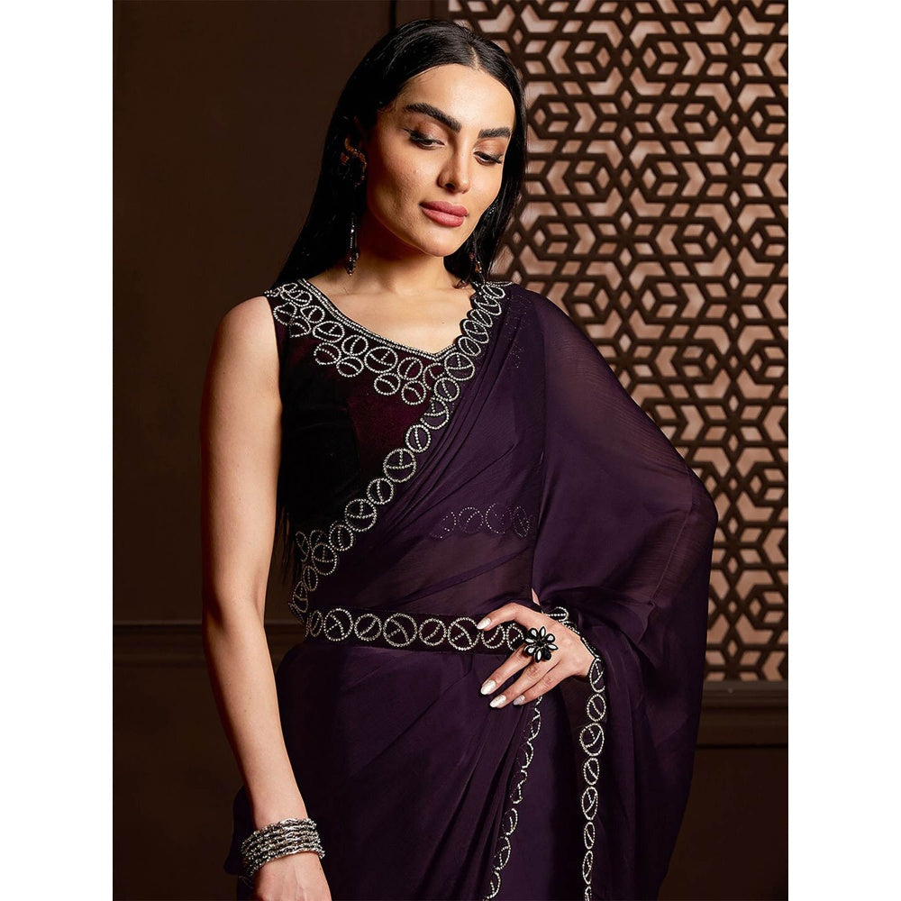 Odette Women Purple Satin Chiffon Embellished Saree & Belt with Unstitched Blouse