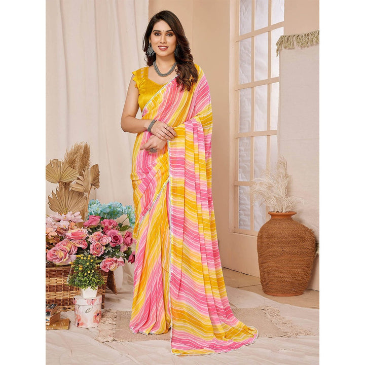 Odette Women Yellow & Pink Georgette Printed Ready To Wear Saree & Belt with Unstitched Blouse