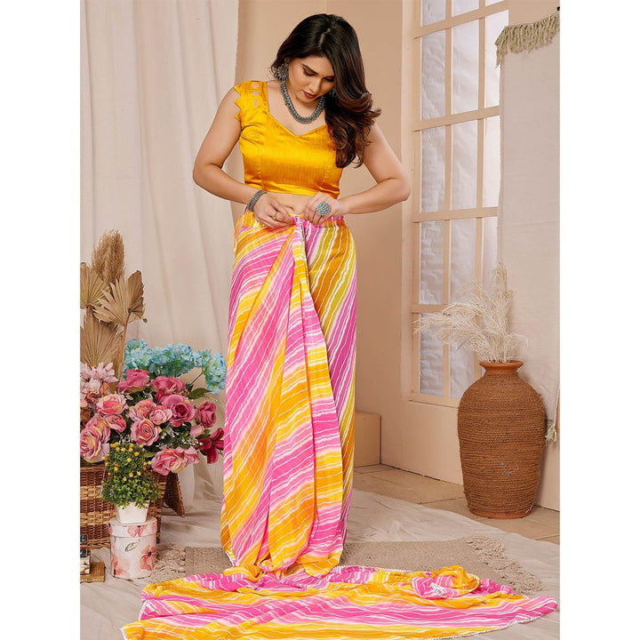 Odette Women Yellow & Pink Georgette Printed Ready To Wear Saree & Belt with Unstitched Blouse