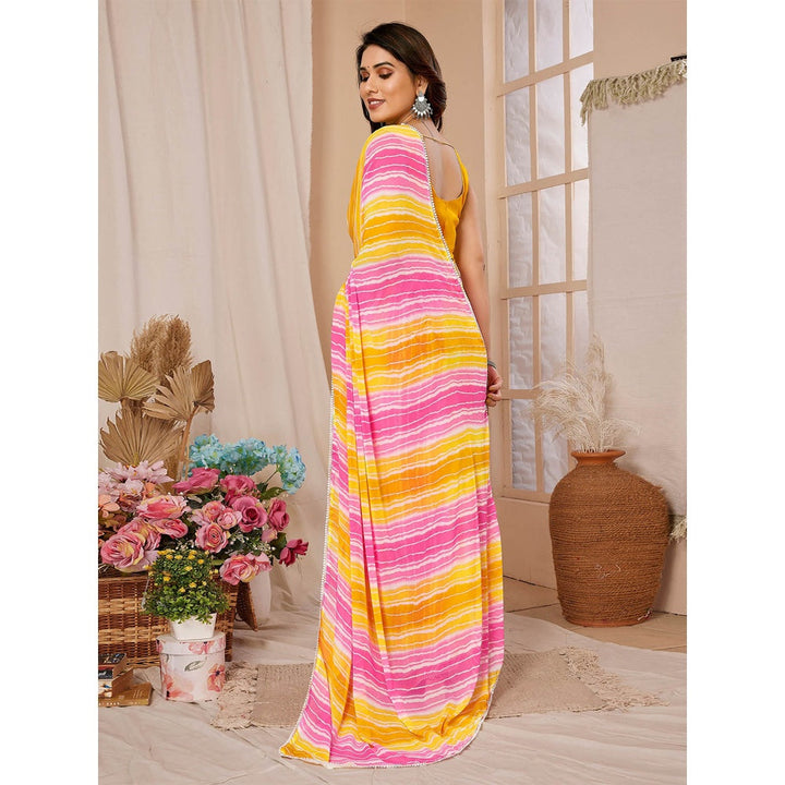 Odette Women Yellow & Pink Georgette Printed Ready To Wear Saree & Belt with Unstitched Blouse