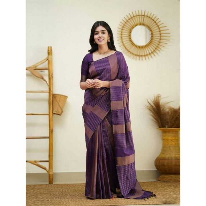 Odette Women Purple & Brown Silk Woven Saree with Unstitched Blouse