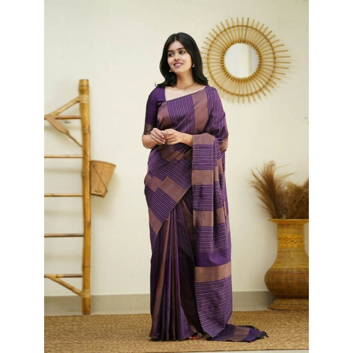 Odette Women Purple & Brown Silk Woven Saree with Unstitched Blouse