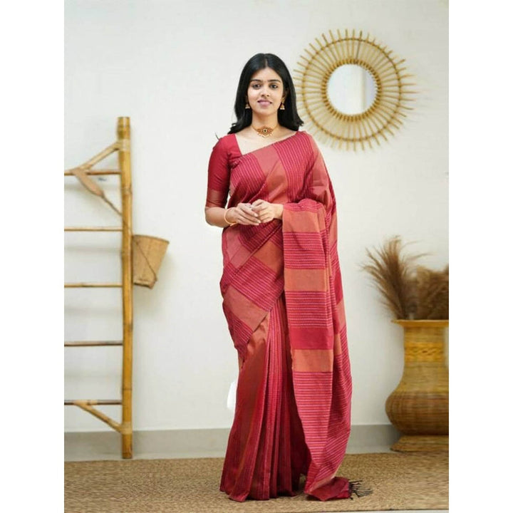 Odette Women Red Silk Woven Saree with Unstitched Blouse