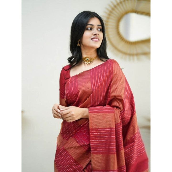 Odette Women Red Silk Woven Saree with Unstitched Blouse