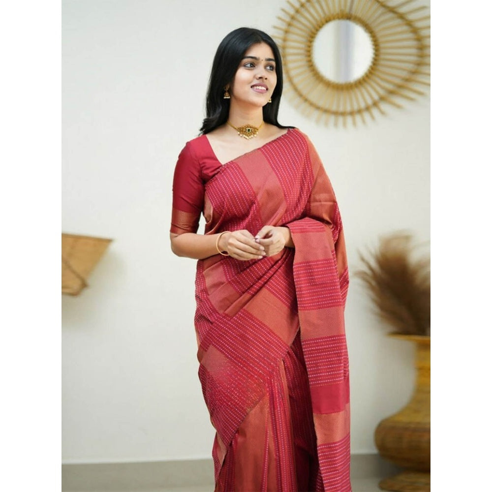 Odette Women Red Silk Woven Saree with Unstitched Blouse