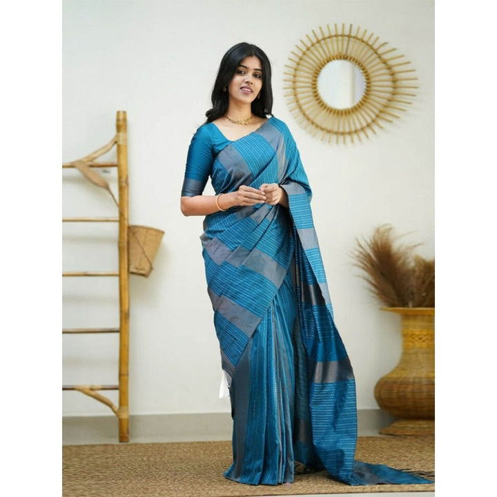 Odette Women Blue Silk Woven Saree with Unstitched Blouse