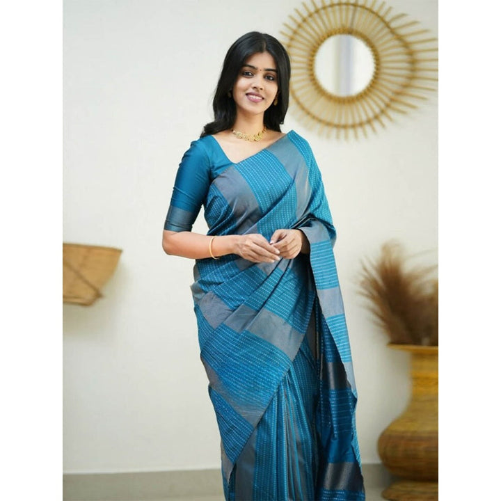 Odette Women Blue Silk Woven Saree with Unstitched Blouse