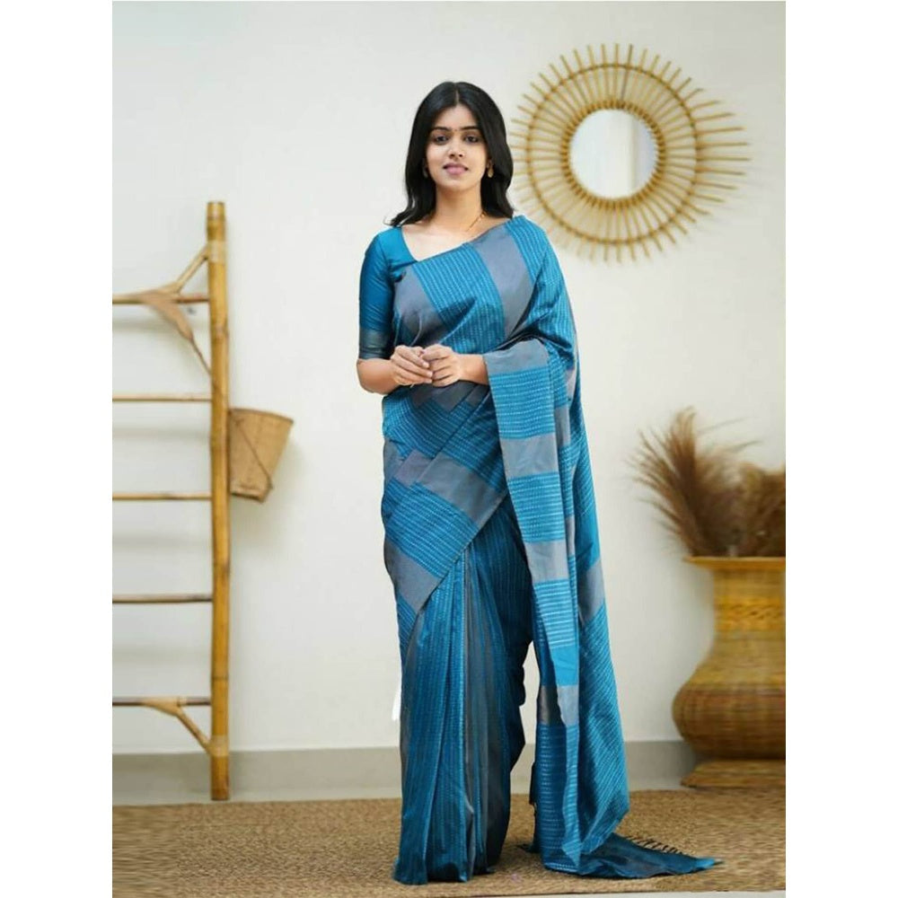 Odette Women Blue Silk Woven Saree with Unstitched Blouse